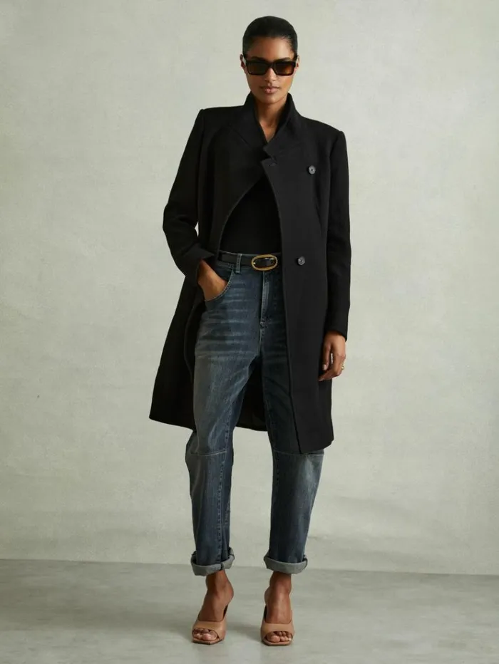 REISS Petite Women WoolBlend Longline DoubleBreasted Coat Black