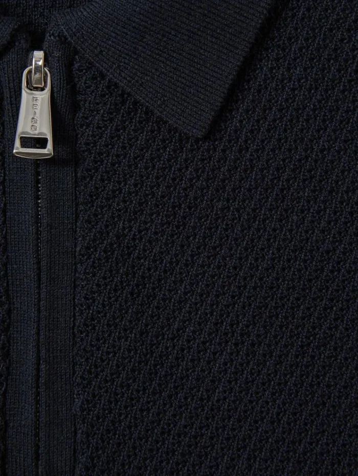 REISS Polo Shirts Children Textured Half Zip Neck Polo Shirt Navy
