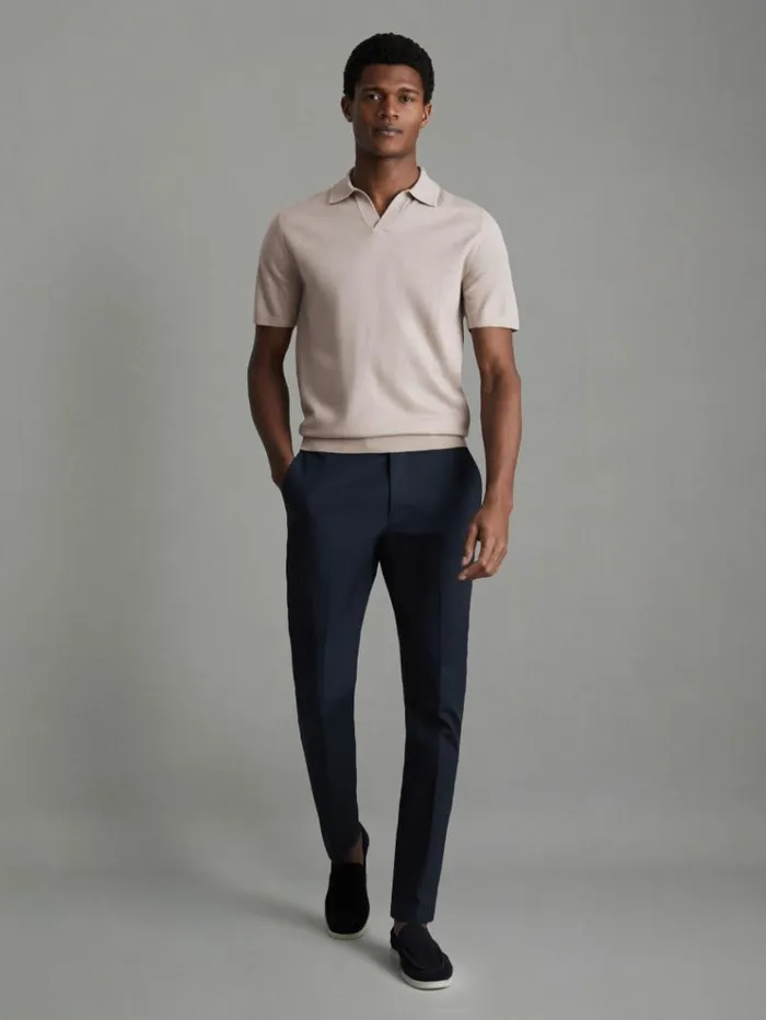 REISS Polo Shirts Men Merino Wool Open Collar Polo Shirt Washed Stone