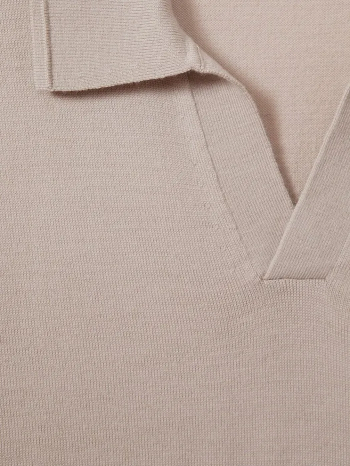 REISS Polo Shirts Men Merino Wool Open Collar Polo Shirt Washed Stone