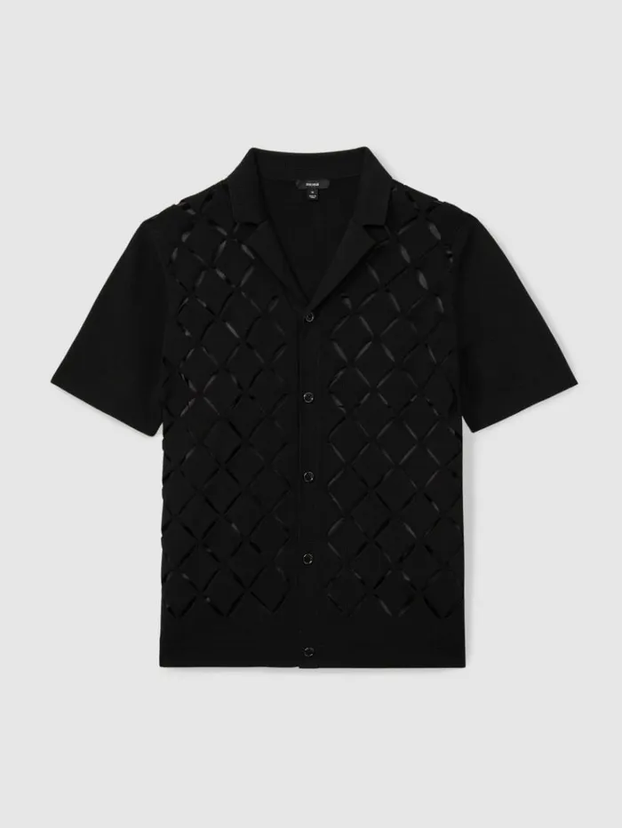 REISS Shirts Men Laser CutOut Cuban Collar Shirt Black