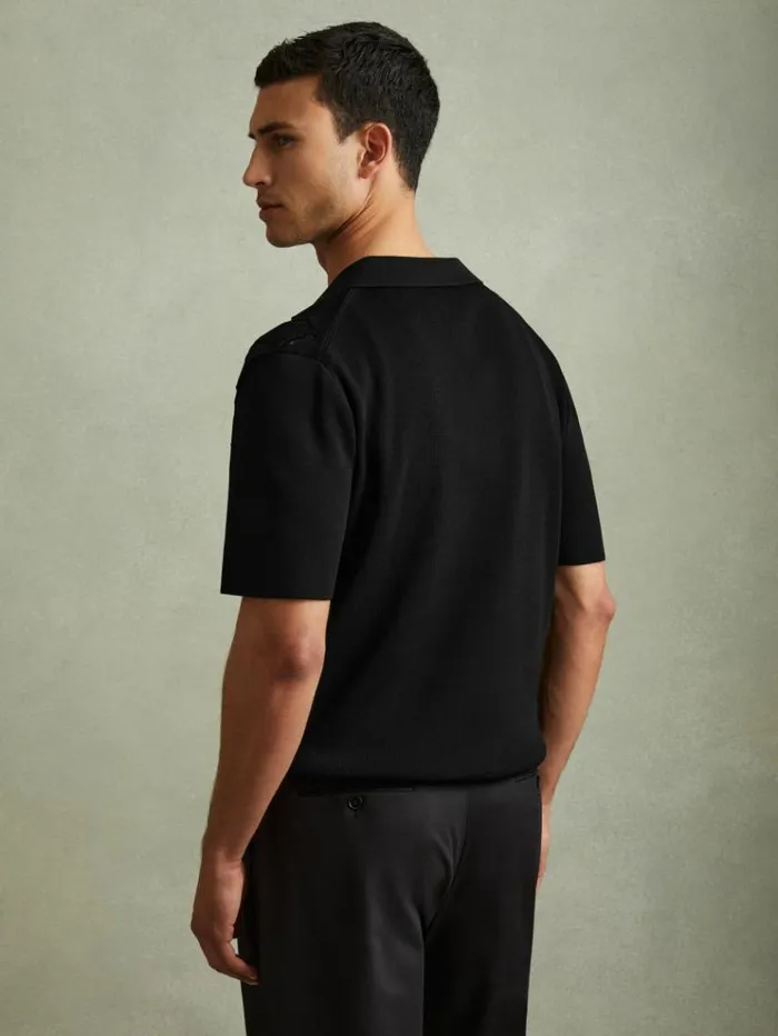 REISS Shirts Men Laser CutOut Cuban Collar Shirt Black