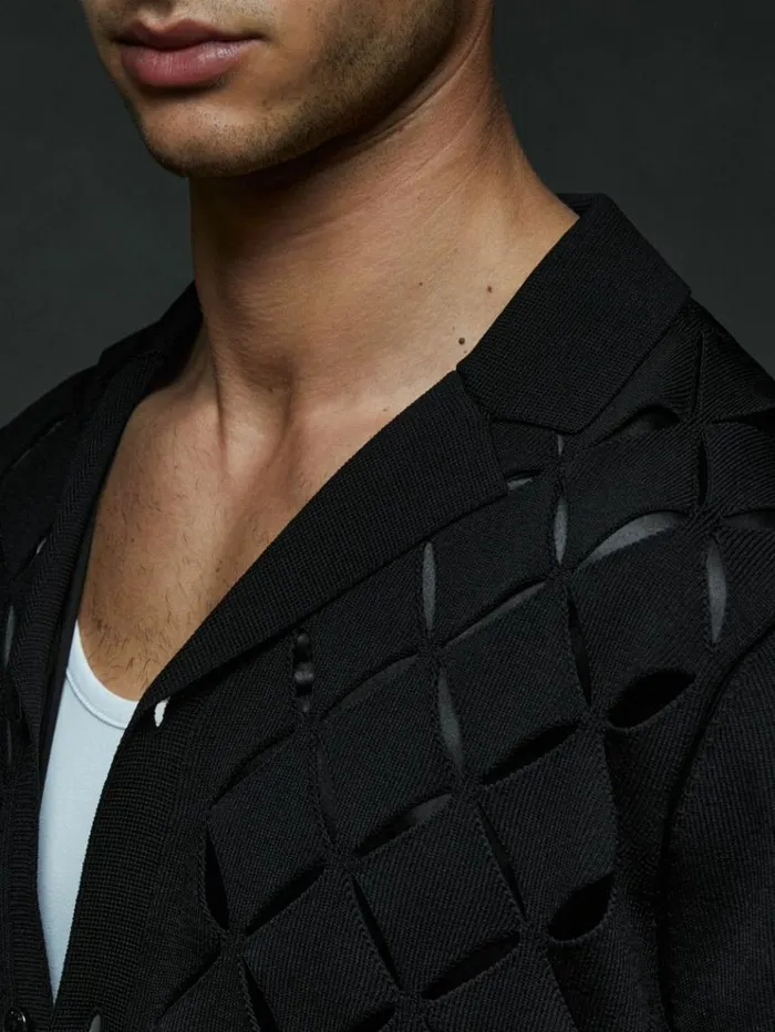 REISS Shirts Men Laser CutOut Cuban Collar Shirt Black