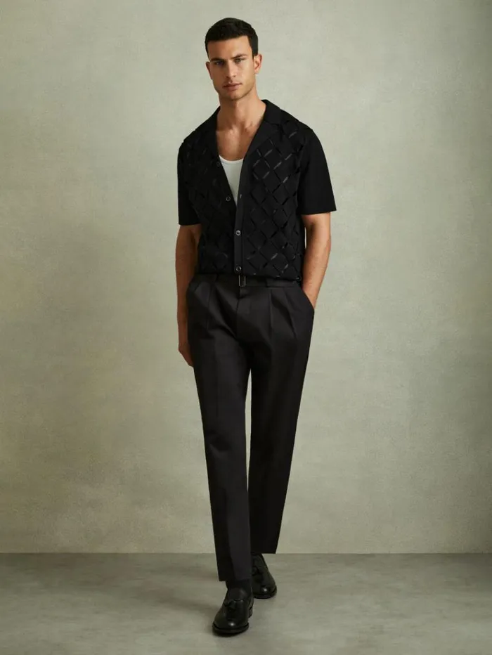 REISS Shirts Men Laser CutOut Cuban Collar Shirt Black
