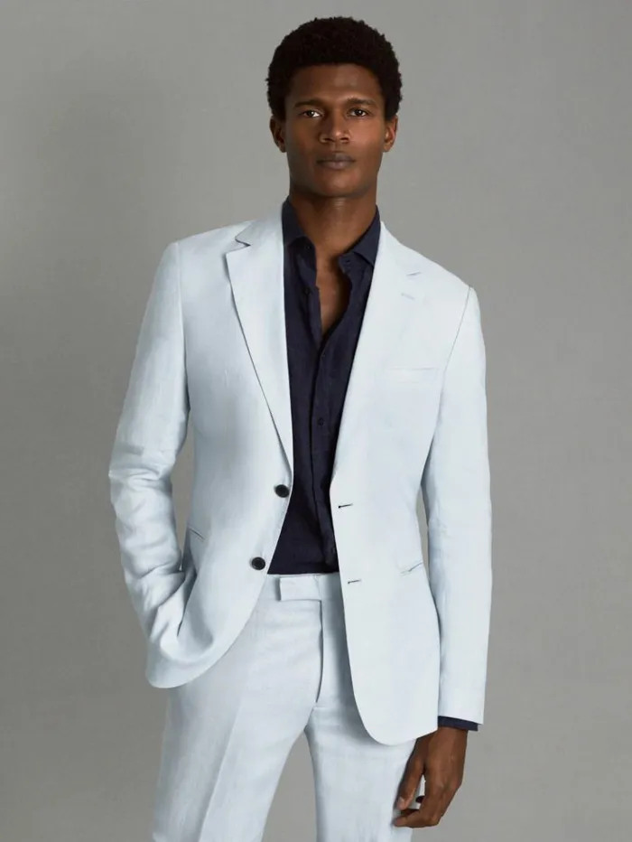 REISS Suits and Tailoring Men Slim Fit Single Breasted Linen Blazer Soft Blue