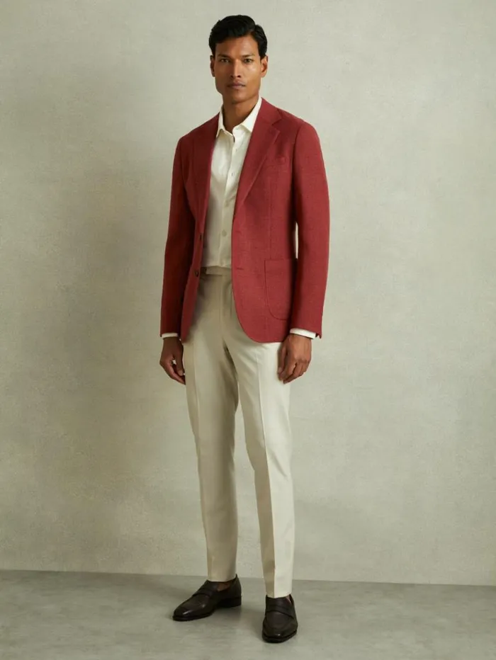 REISS Suits and Tailoring Men Slim Fit Textured Wool Blend Single Breasted Blazer Rust Red