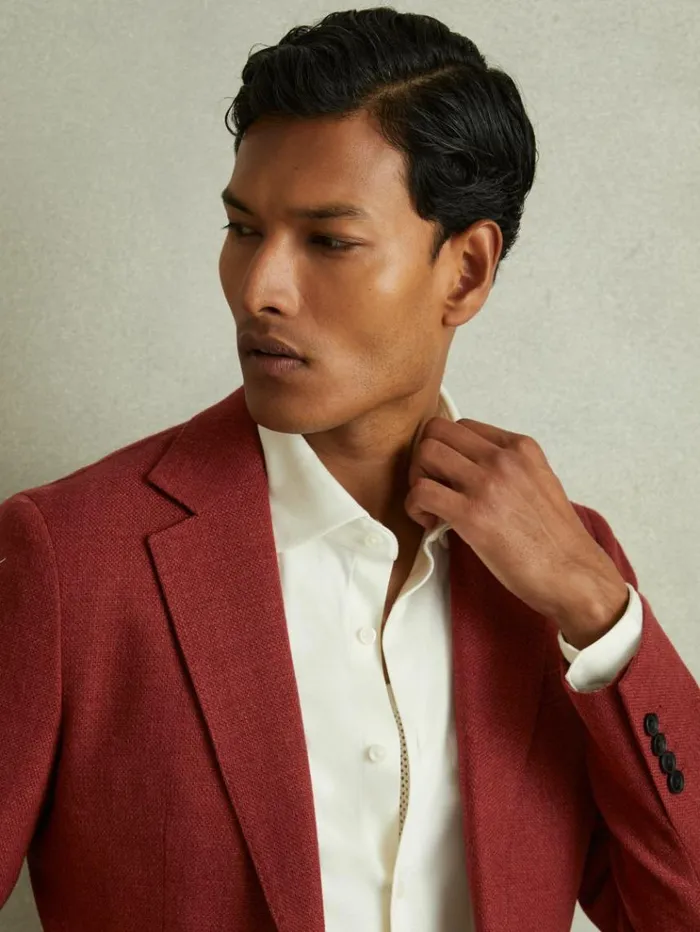 REISS Suits and Tailoring Men Slim Fit Textured Wool Blend Single Breasted Blazer Rust Red