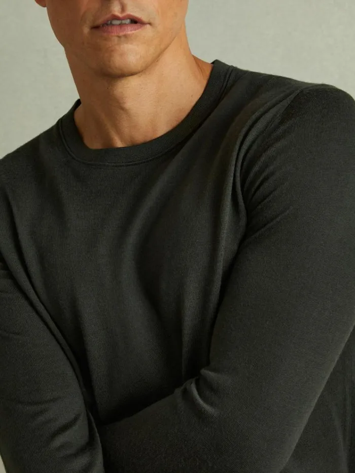 REISS Sweaters Men Merino Wool Crew Neck Jumper Dark Military Green