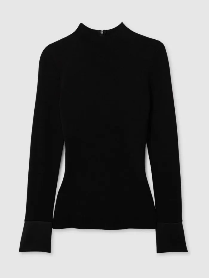 REISS Sweaters Women Florere Hybrid Knit Satin Cuff Top Black