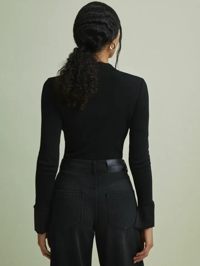 REISS Sweaters Women Florere Hybrid Knit Satin Cuff Top Black