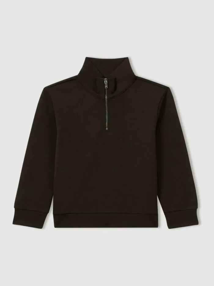REISS Sweats and Hoodies Children Interlock Jersey HalfZip Sweatshirt Chocolate Brown
