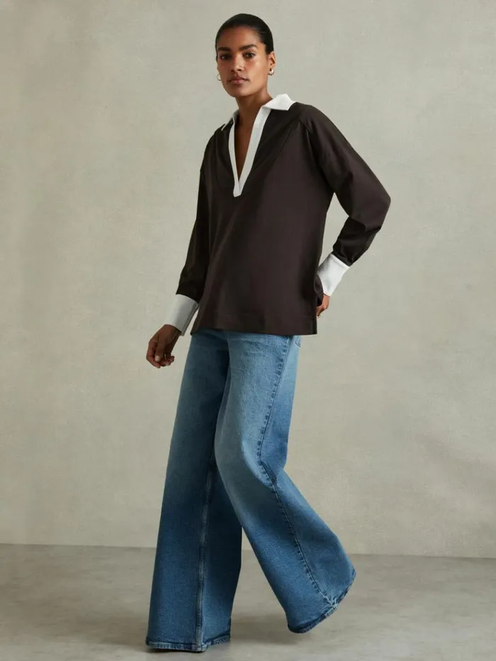 REISS Sweats Hoodies and Joggers Women Oversized Cotton Open Collar Jumper Chocolatewhite