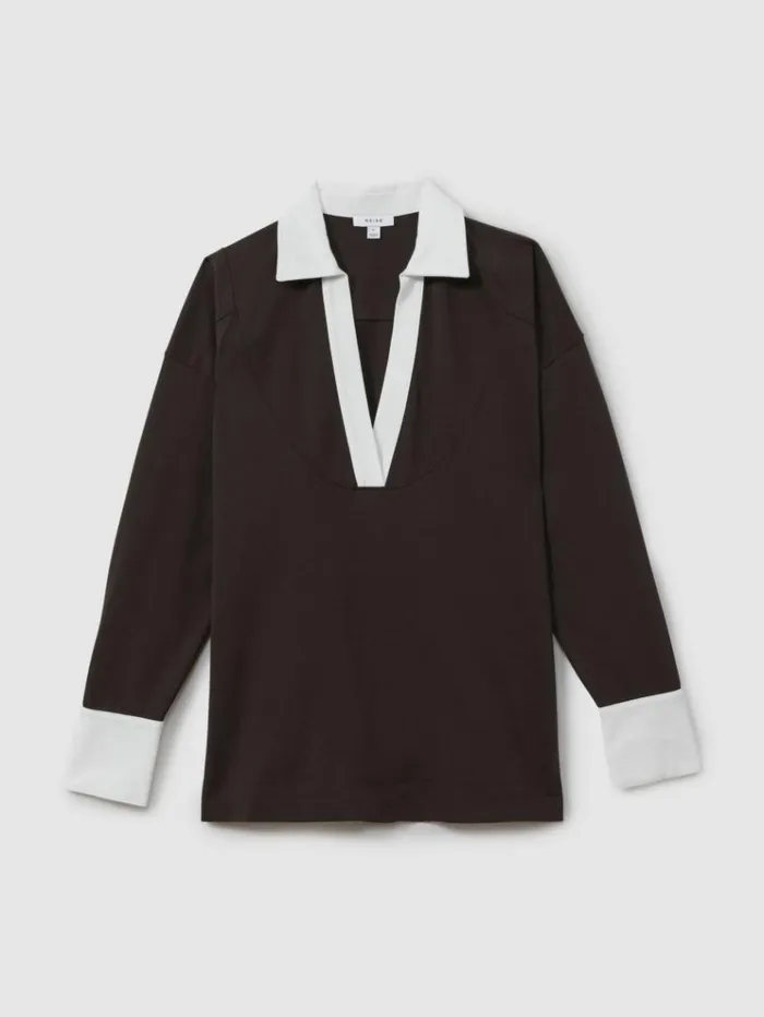 REISS Sweats Hoodies and Joggers Women Oversized Cotton Open Collar Jumper Chocolatewhite