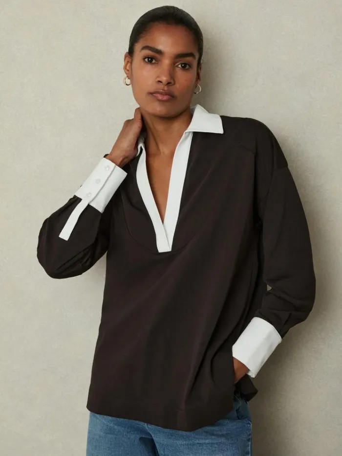REISS Sweats Hoodies and Joggers Women Oversized Cotton Open Collar Jumper Chocolatewhite