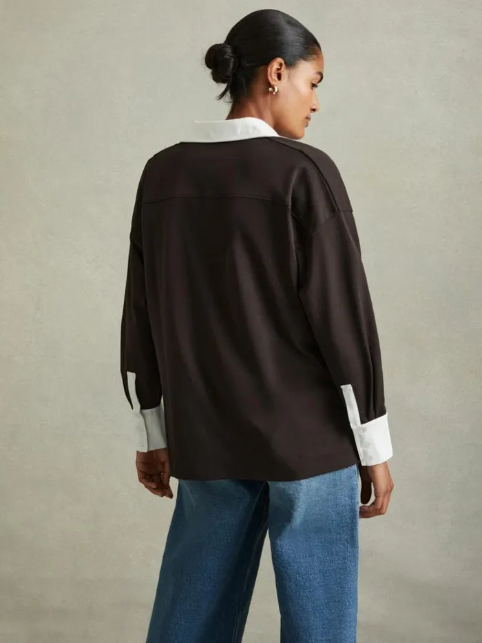 REISS Sweats Hoodies and Joggers Women Oversized Cotton Open Collar Jumper Chocolatewhite