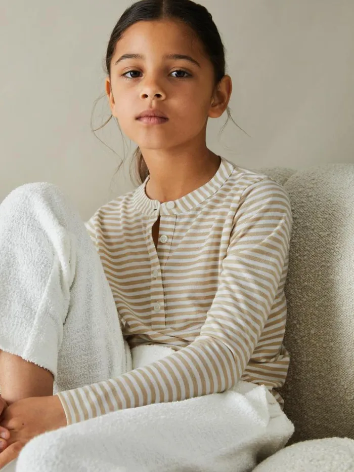 REISS Tops and TShirts Children Striped Grandad Collar LongSleeve Top Oatmeal