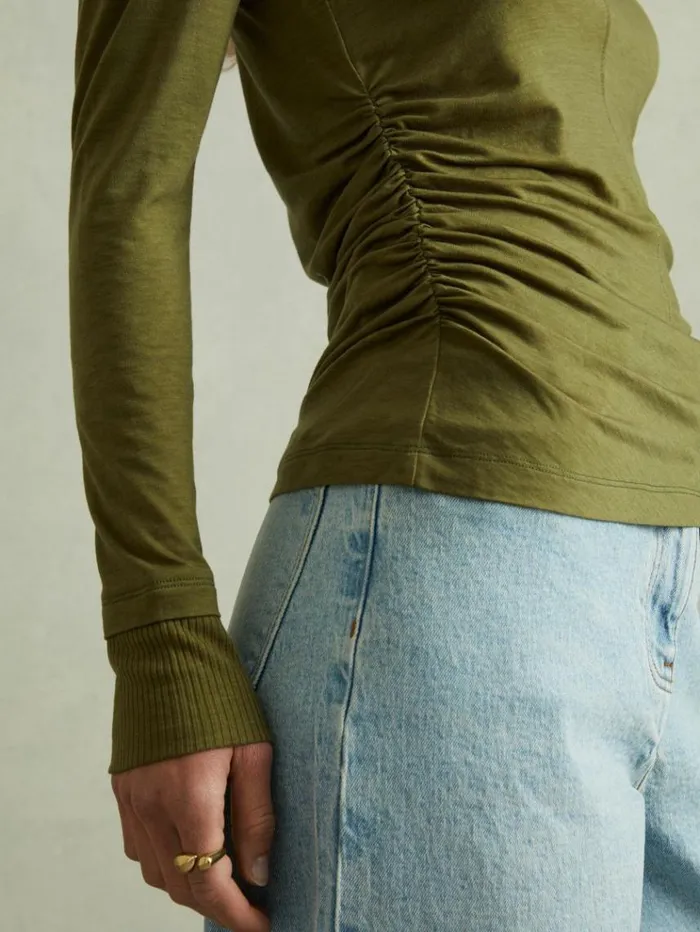 REISS Tops Women Marled Asymmetric Ruched Top Green REISS Tops Women Marled Asymmetric Ruched Top Green