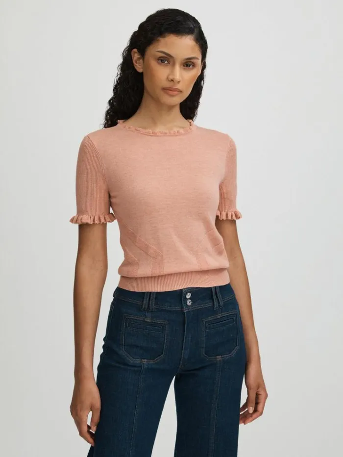 REISS Tops Women Paige Peach Metallic Ruffle Trim Top Peach