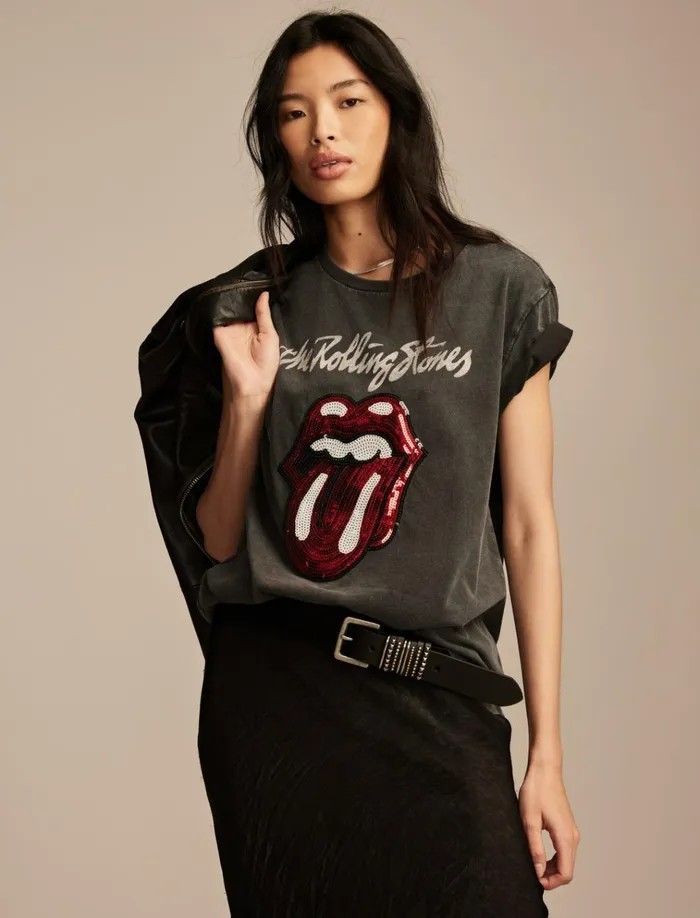 Rolling Stones Sequin Boyfriend Tee Pirate Black Women Lucky Brand Graphic Tees Rolling Stones Sequin Boyfriend Tee Pirate Black Women Lucky Brand Graphic Tees