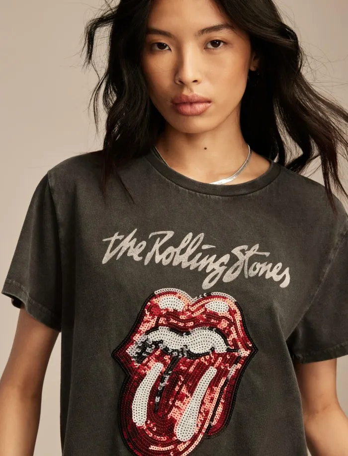 Rolling Stones Sequin Boyfriend Tee Pirate Black Women Lucky Brand Graphic Tees