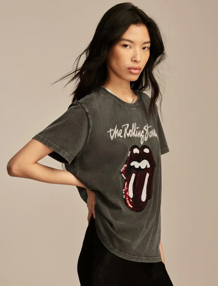 Rolling Stones Sequin Boyfriend Tee Pirate Black Women Lucky Brand Graphic Tees