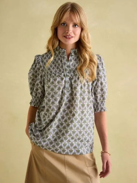 Shirts and Blouses Women Joules Green Frill Neck Smocked Blouse
