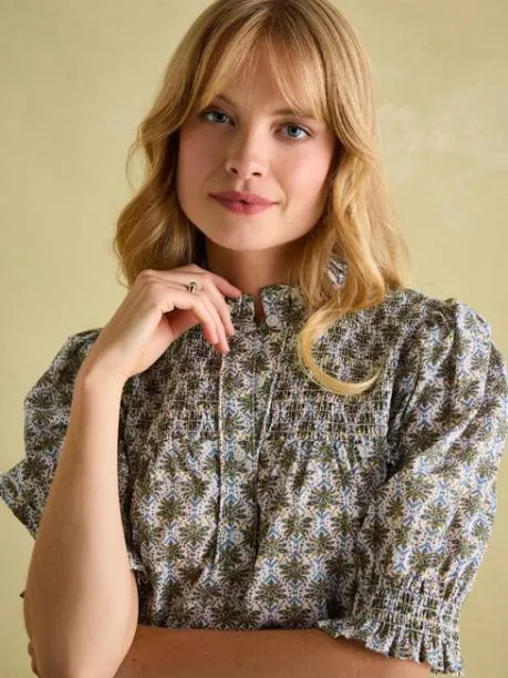 Shirts and Blouses Women Joules Green Frill Neck Smocked Blouse