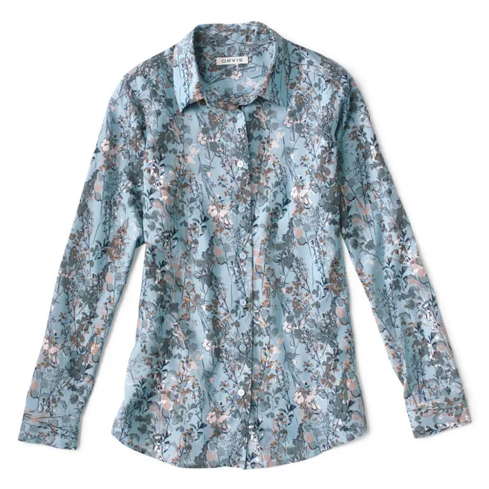 Shirts Women Orvis LongSleeved Everyday Silk Shirt Mineral Blue Wild Flower
