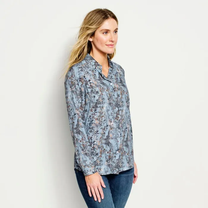 Shirts Women Orvis LongSleeved Everyday Silk Shirt Mineral Blue Wild Flower