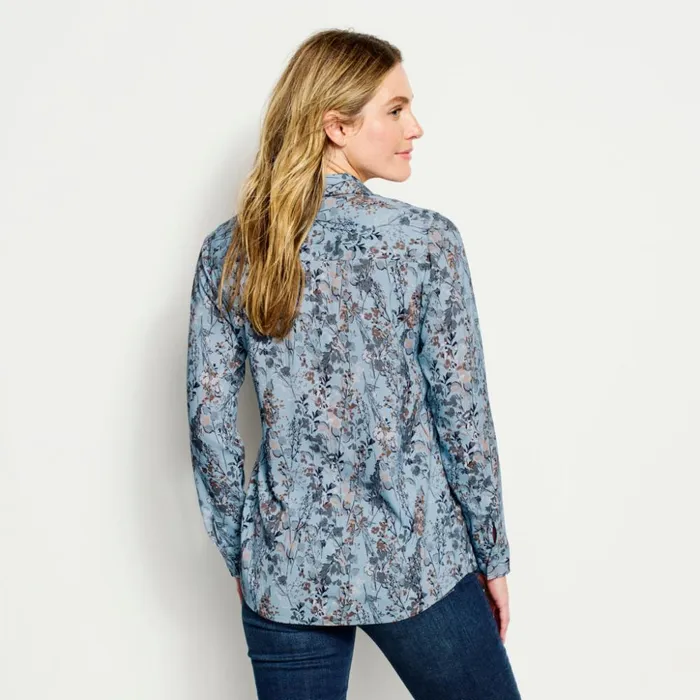 Shirts Women Orvis LongSleeved Everyday Silk Shirt Mineral Blue Wild Flower