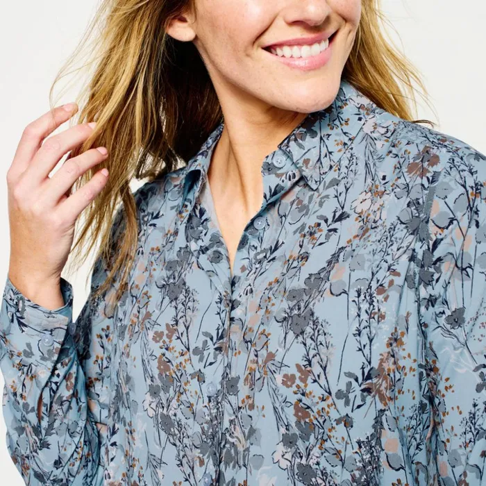 Shirts Women Orvis LongSleeved Everyday Silk Shirt Mineral Blue Wild Flower