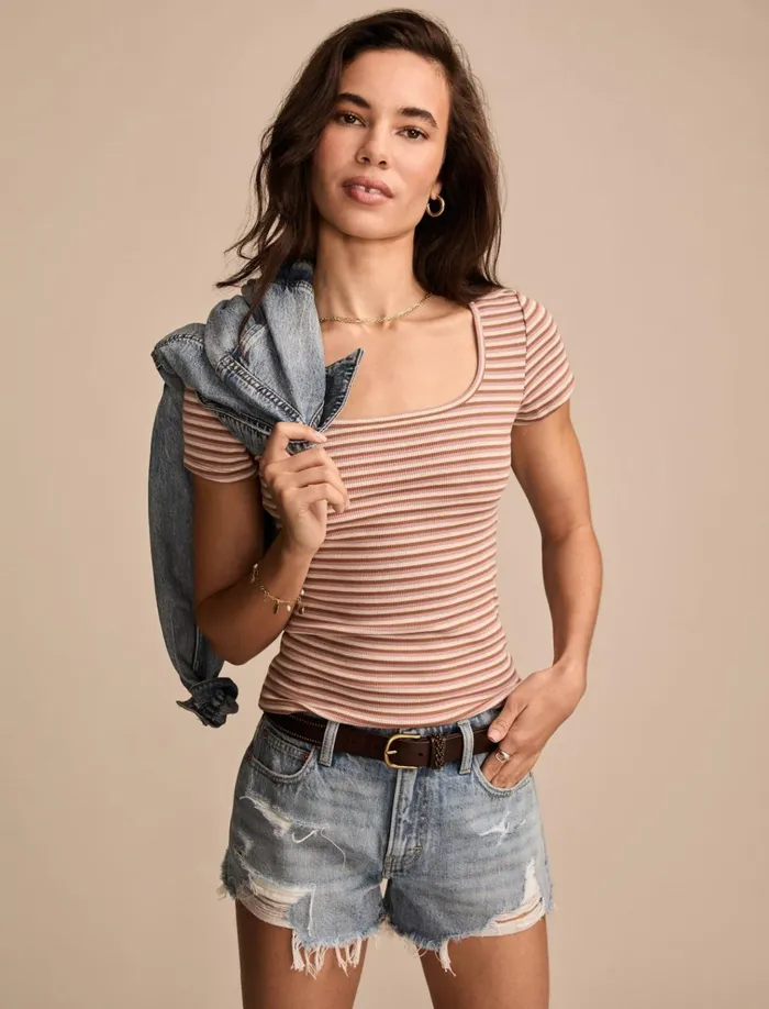 Short Sleeve Square Neck Tee Neutral Combo Women Lucky Brand Knit Tops