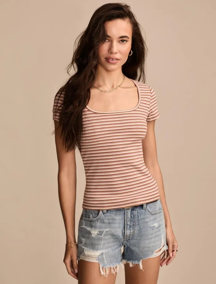 Short Sleeve Square Neck Tee Neutral Combo Women Lucky Brand Knit Tops