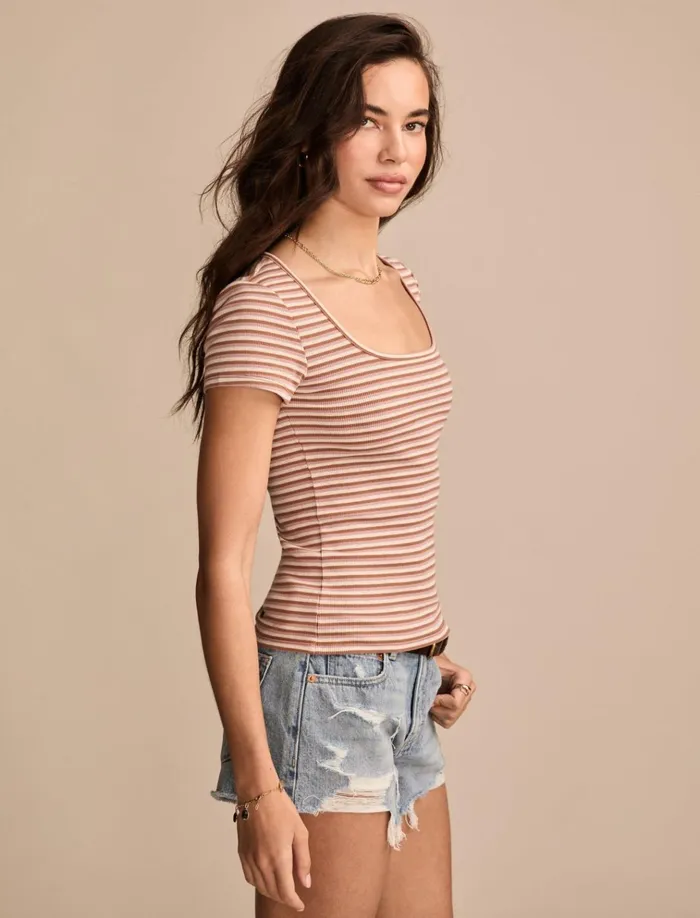 Short Sleeve Square Neck Tee Neutral Combo Women Lucky Brand Knit Tops