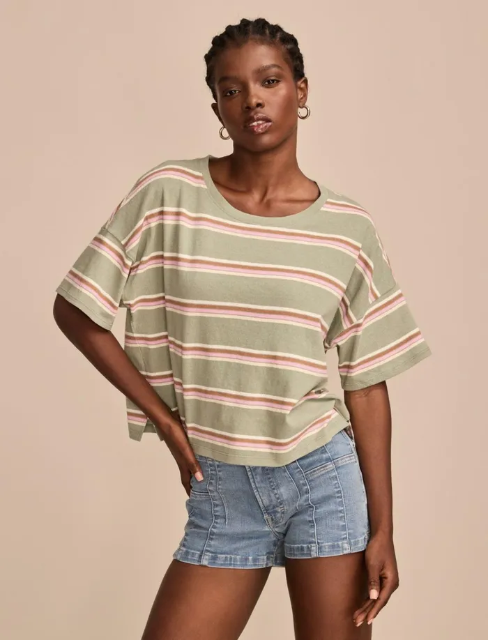 Short Sleeve Stripe Tee Green Stripe Women Lucky Brand Knit Tops