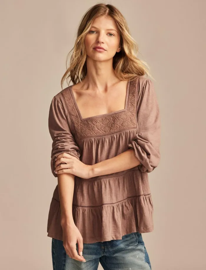 Square Neck Embroidered Peasant Top Deep Taupe Women Lucky Brand Blouses