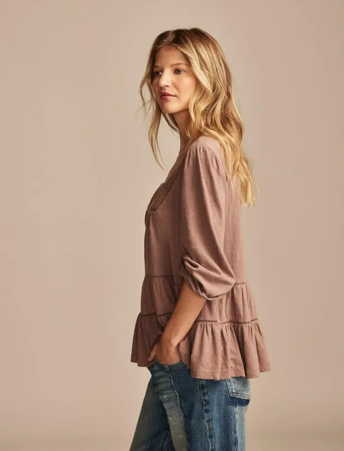 Square Neck Embroidered Peasant Top Deep Taupe Women Lucky Brand Blouses