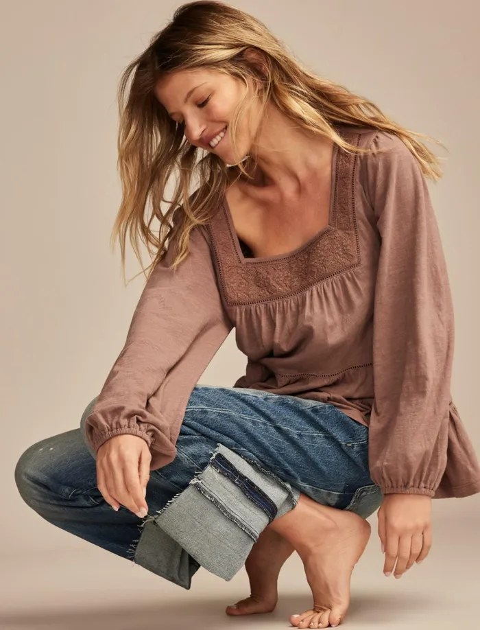 Square Neck Embroidered Peasant Top Deep Taupe Women Lucky Brand Blouses