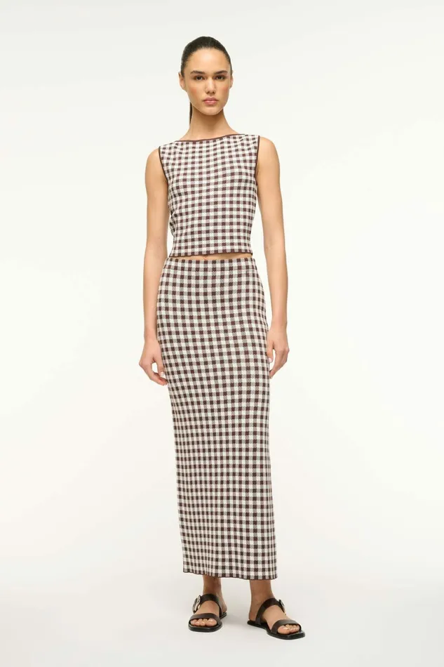 STAUD KARINA SKIRT Dark Chocolate Gingham Women Skirts