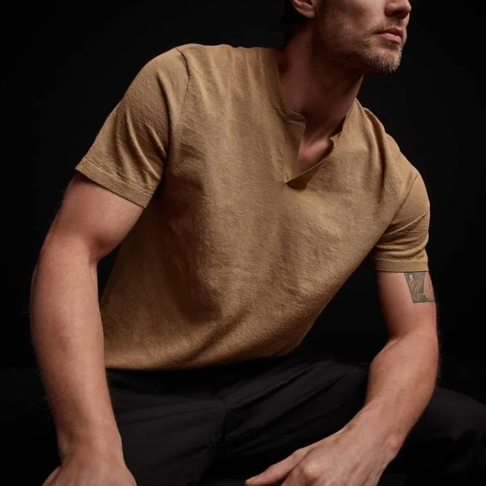 Sweaters Men James Perse Linen Blend Short Sleeve Henley Sweater Bronze
