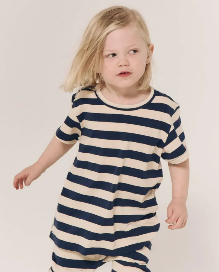 Tees and Sweats Kids The Great The Little Boxy Crew Novelty Navy And Cream Scholar Stripe