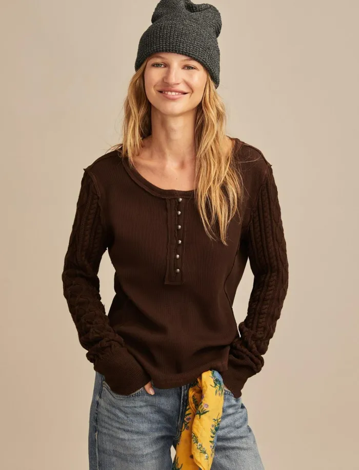 Textured Mixed Sleeve Henley Coffee Bean Women Lucky Brand Knit Tops