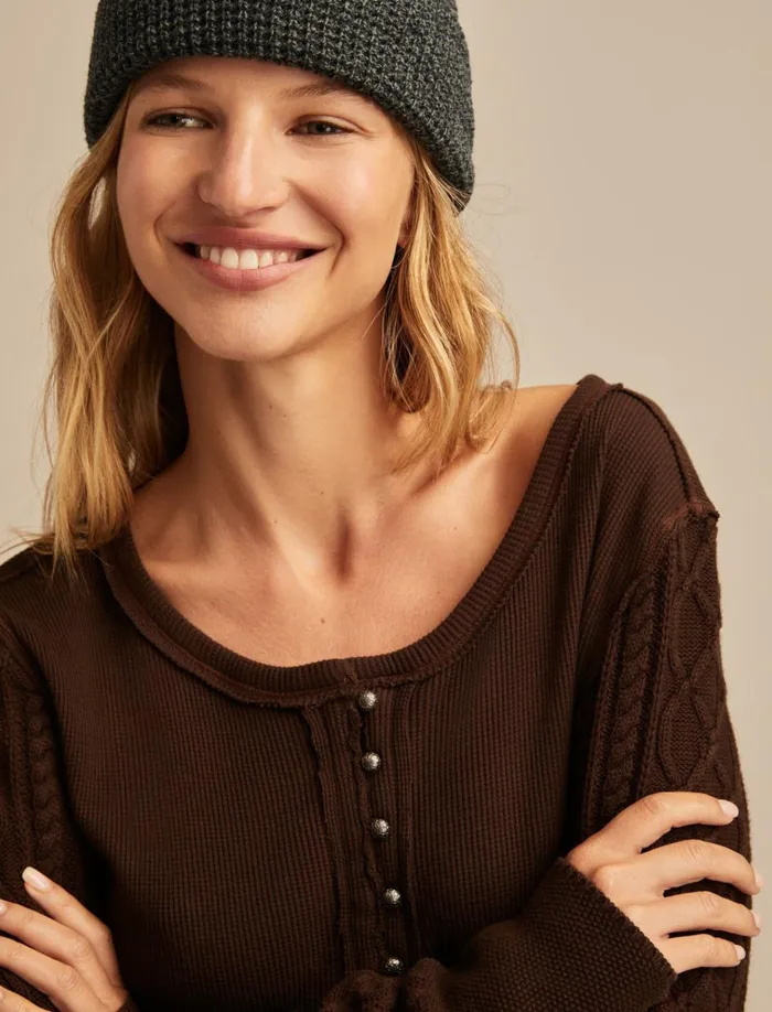 Textured Mixed Sleeve Henley Coffee Bean Women Lucky Brand Knit Tops