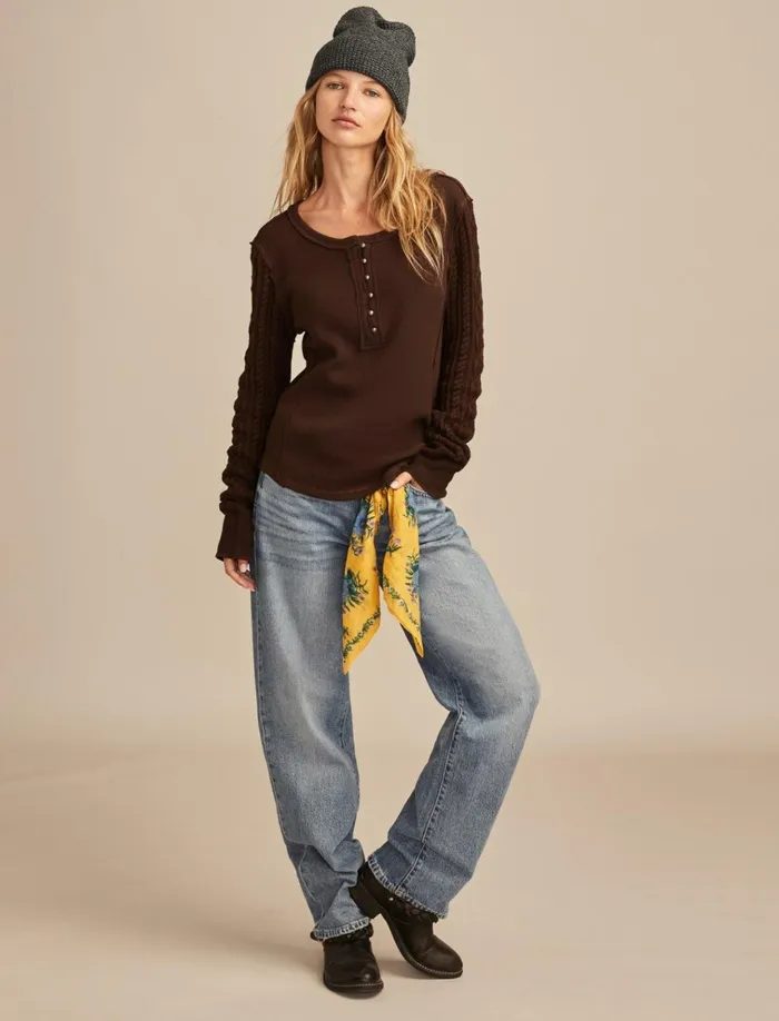 Textured Mixed Sleeve Henley Coffee Bean Women Lucky Brand Knit Tops