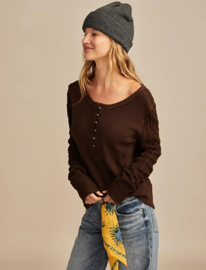 Textured Mixed Sleeve Henley Coffee Bean Women Lucky Brand Knit Tops