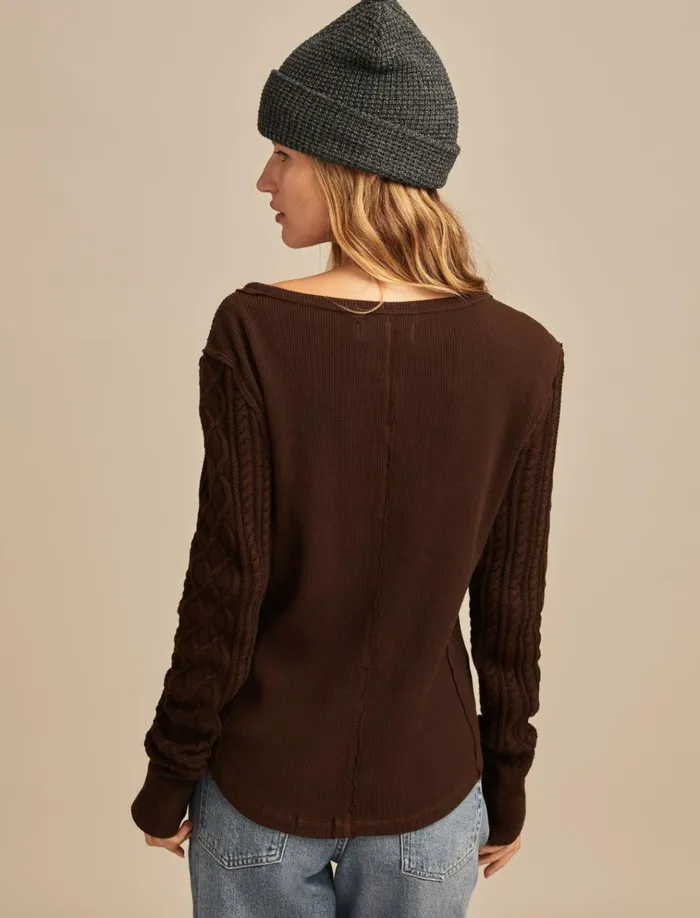 Textured Mixed Sleeve Henley Coffee Bean Women Lucky Brand Knit Tops