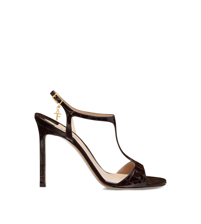TOM FORD Sandals Women GLOSSY STAMPED CROCODILE LEATHER ANGELINA SANDAL Espresso