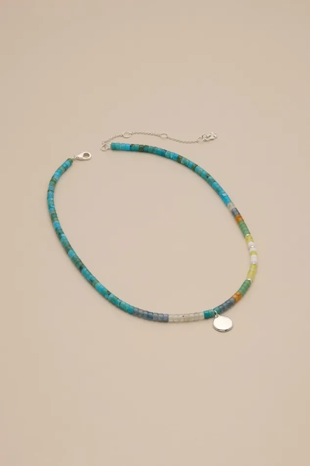 Turquoise Beaded Choker With Charm Silver Women Lucky Brand Jewelry