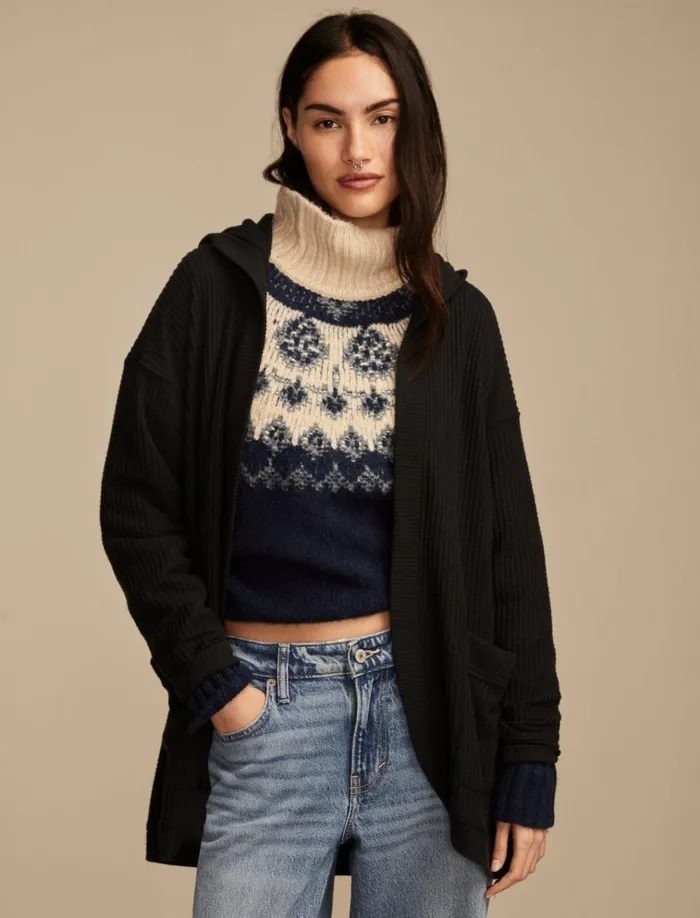 Waffle Knit Shawl Hoodie Jet Black Women Lucky Brand Activewear