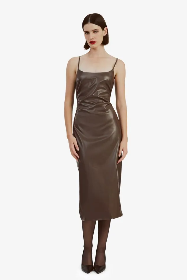 Women Bardot Day To Night Dresses Helena Vegan Leather Dress In Chocolate Women Bardot Day To Night Dresses Helena Vegan Leather Dress In Chocolate